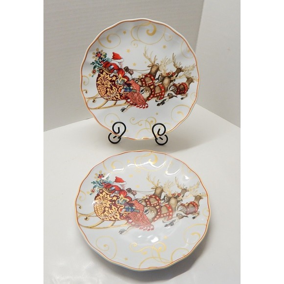 Williams Sonoma Twas The Night Before Xmas Dinner Plates Santa His Sled 2 PC